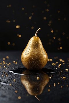 Golden Pear with Glitter on Black Background by De Muurdecoratie