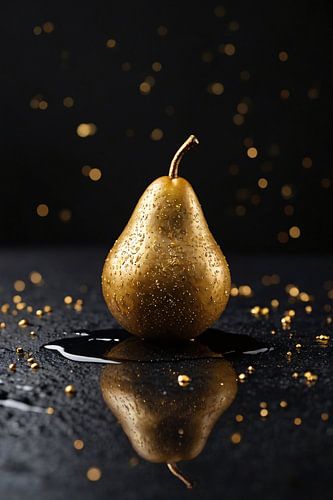 Poire dorée avec paillettes sur fond noir
