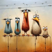 Surreal five funny birds perch sitting cartoon absurd