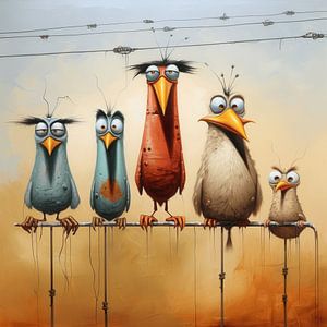 Surréaliste cinq drôles d'oiseaux perchoir assis caricature absurde