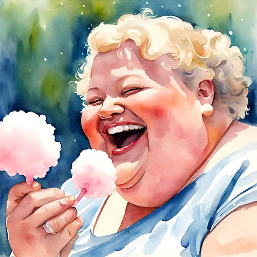 Gezellige dame eet een suikerspin