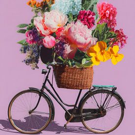 Bicycle with colourful flowers on a pink background by But First Framing