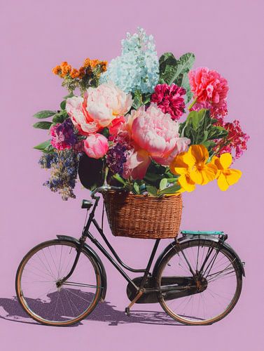 Fahrrad mit bunten Blumen auf rosa Hintergrund