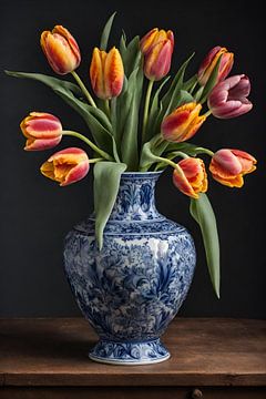 delfst blauwe vaas met tulpen van Bernhard Karssies