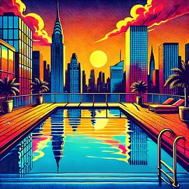 Pop-Art-Szene von New York City mit einem blauen Pool und einer modernen städtischen Skyline. A von Vivanne
