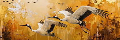 Vliegende kraanvogels panorama schilderij van Digitale Schilderijen