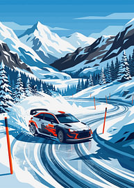 Ein Rallye-Auto driftet über eine verschneite Alpenstraße, die von orangefarbenen Markierungen gesäumt ist