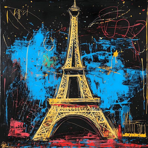 Eiffeltoren in Parijs in de stijl van Jean-Michel Basquiat van Felix Wiesner