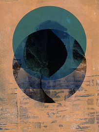 Abstract geometric and organic shapes in light terracotta, teal, black. by Dina Dankers