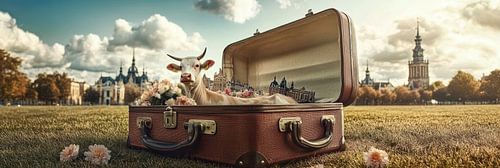 Weiße Kuh im Koffer zwischen Blumen im niederländischen Panorama von Digitale Schilderijen