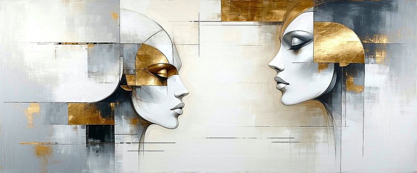 Abstraktion von Frauenportraits zwischen Nähe und Distanz – Anmutige Stille zweier Gesichter von Frauen im Panorama der inneren Welt, ein Mosaik zeitloser Eleganz von AidasignArt