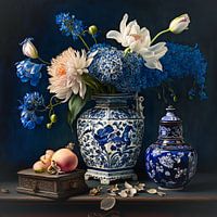 Delfts blauwe vaas met bloemen stilleven