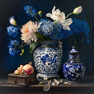 Delfts blauwe vaas met bloemen stilleven van Vlindertuin Art