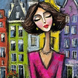 Frau inmitten bunter Häuser von Abstraktes Gemälde