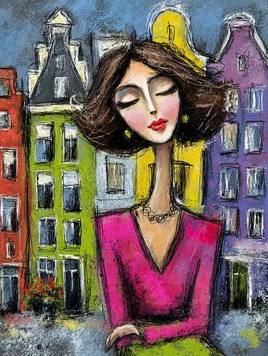 Woman amidst colourful buildings