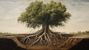 Baum mit tief in den Boden reichendem Wurzelsystem, in Ölfarben-Optik