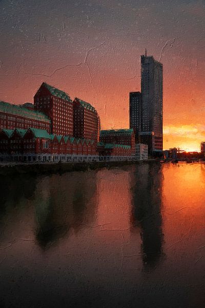 Rotterdam zuid met een prachtige zonsondergang van Digitale Schilderijen