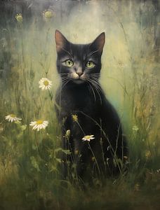 Chat noir parmi les marguerites