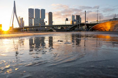 Le pont Erasmus et son extrémité sud se reflètent dans le lac gelé