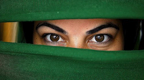 Mysterieuze bruine ogen achter groen doek