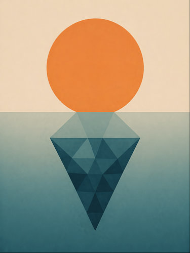 Abstract sea illustration featuring the sun and a geometric iceberg