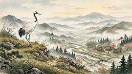 Crane Over Misty Valley by my pixel art