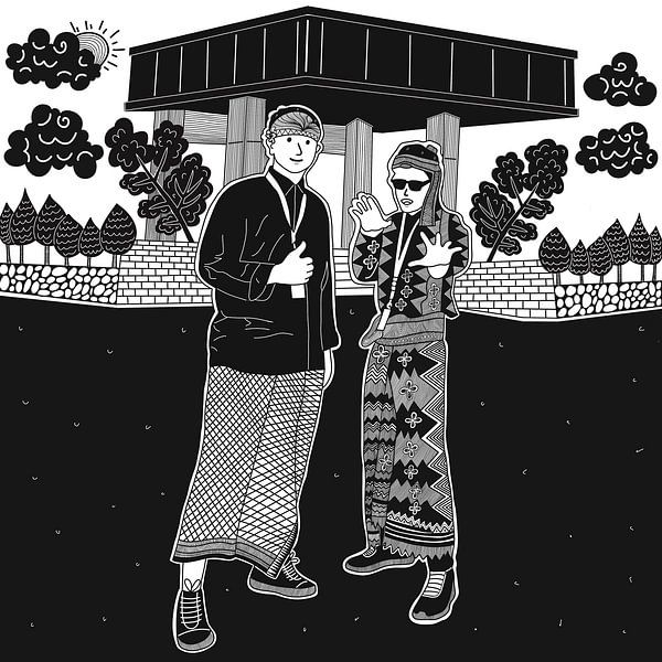 Black and white illustration of two men in traditional Indonesian attire. by riz_studio