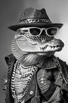 Stijlvolle krokodil in spijkerjack en zonnebril van Felix Brönnimann
