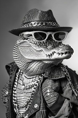 Crocodile stylé en veste en jean et lunettes de soleil