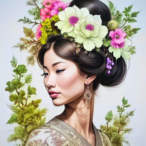 Femme chinoise avec une coiffe de fleurs