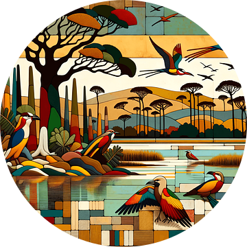 Mixed media compositie van vogelreservaat in Afrika van Lois Diallo