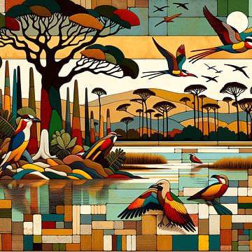Mixed media compositie van vogelreservaat in Afrika van Lois Diallo