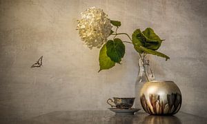 Stilleben. Blumen. Schmetterling. Taupe und Gold.