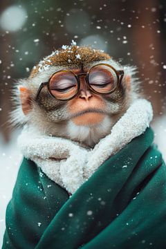 Sneeuwaap met skibril - gezellig ingepakt van Poster Art Shop