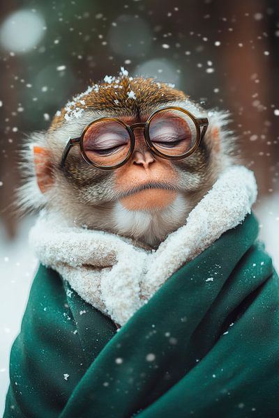 Monkey des neiges avec lunettes - Confortablement enveloppé par Poster Art Shop