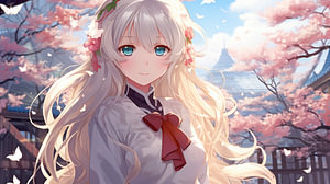 Ein japanisches Anime Highschool-Mädchen mit langen weißen Haaren und blauen Augen, mit blühenden Kirschblüten im Frühling