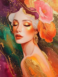 Portrait plein de charme d'une femme avec des fleurs et de l'or