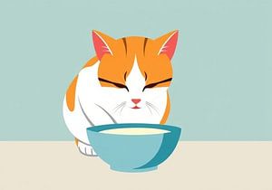 Katze trinkt Milch aus dem Napf.