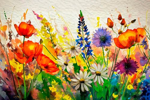 Gemälde eines Blumenfeldes in fröhlichen Farben