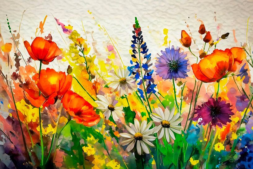 Peinture d'un champ de fleurs aux couleurs gaies par Studio Pieternel