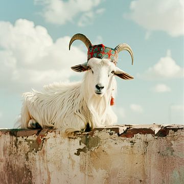 Goat with Moroccan fez on its head by Vlindertuin Art