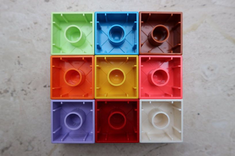 Nine (9) square toy blocks lying upside down colourful (rotation 1) by hou2use
