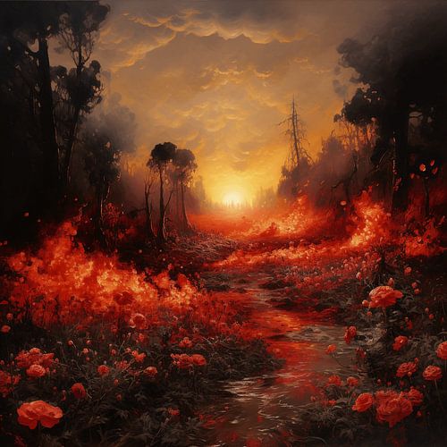 Red Flowers in Flaming Light