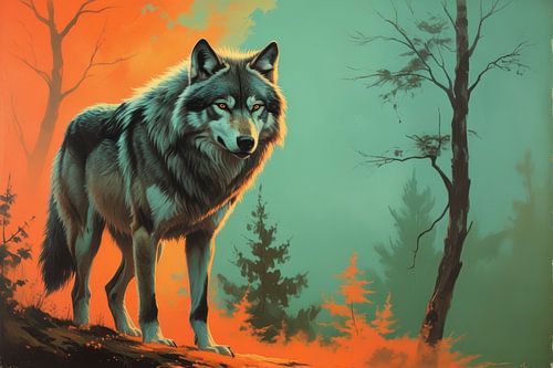 Wolf tussen nevel en bomen