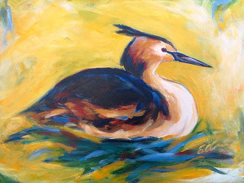 fuut op  nest, schilderij
