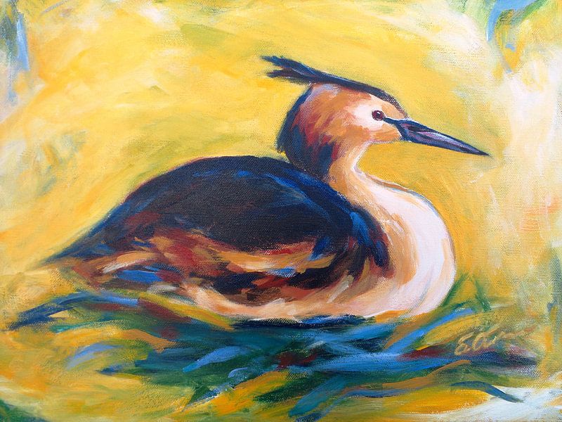 fuut op  nest, schilderij par Eveline van Oudbroekhuizen