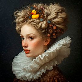 Een fine art portret van een jonge vrouw met bad eendje en witte kraag  Hollandse meesters 21 eeuw.