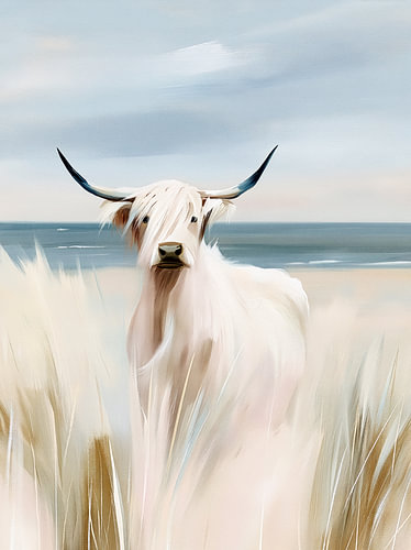 Witte Schotse hooglander aan zee