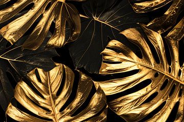 Luxe Gouden Monstera Bladeren op Zwart van De Muurdecoratie