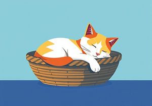 Eine Katze schläft in ihrem Korb moderne Illustration.